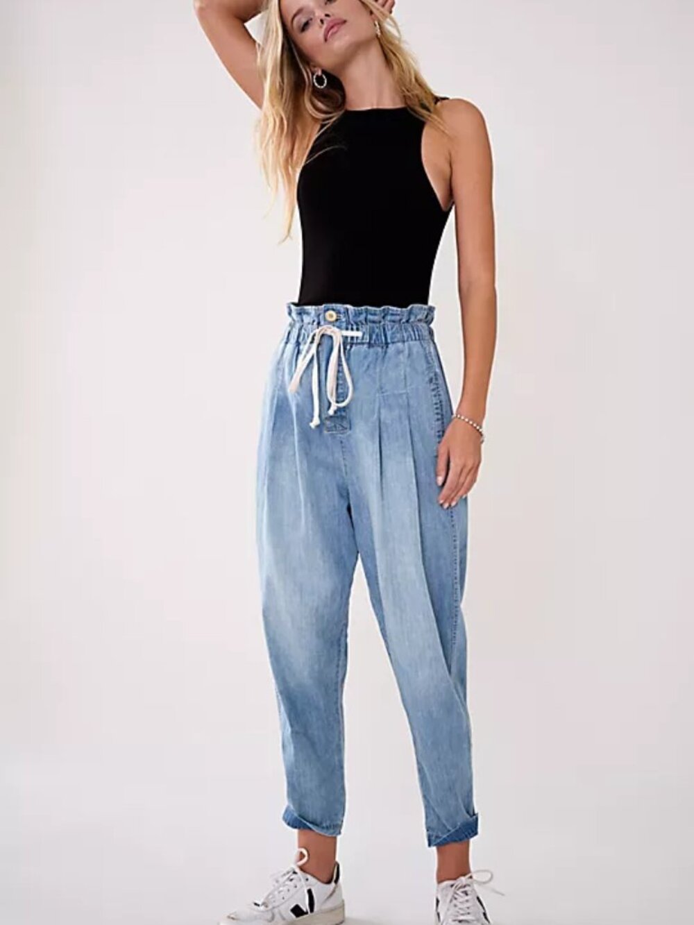 We The Free Margate Pleated Paperbag Denim Pants Light Wash Drawstring Small